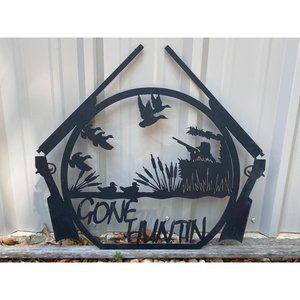 Vintage "Gone Huntin"  Metal Silhouette Sign Rifle Ducks Hunter Duck Hunting 26"